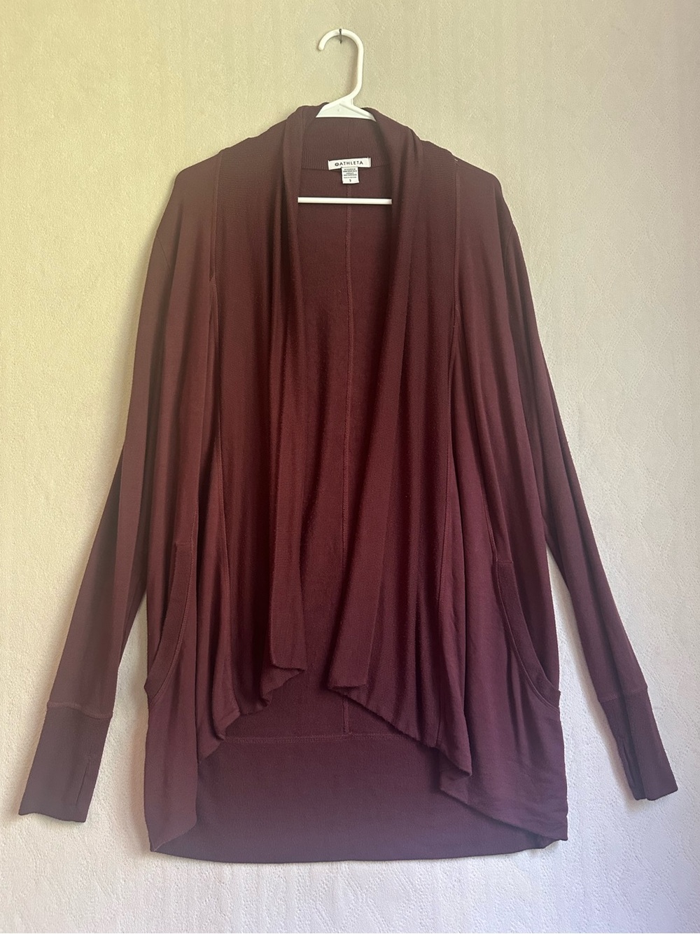 Athleta Maroon Open-Front Draped Cardigan Sweater Sz S Thumb Holes Yoga Burgundy